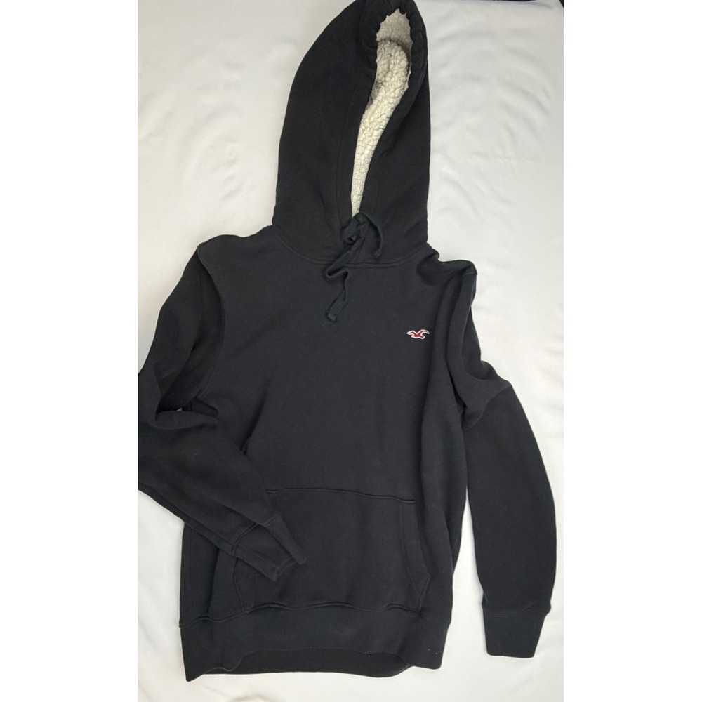 Hollister Mens Black Pullover Hoodie Faux Shearling Lined Hood Seagull Logo M